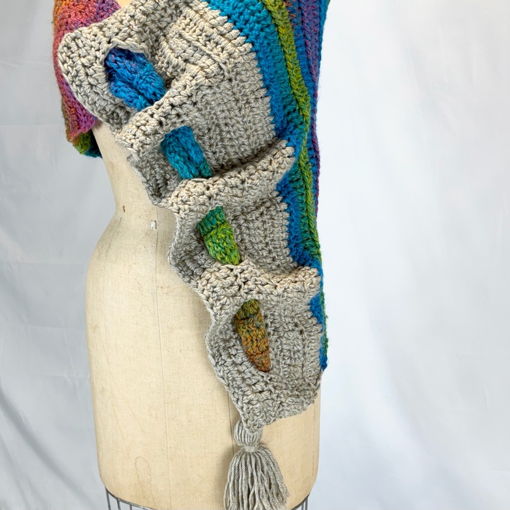 Rainbow gathered scrunch lace crochet scarf wrap tassel handmade pixie festival - Picture 8 of 10